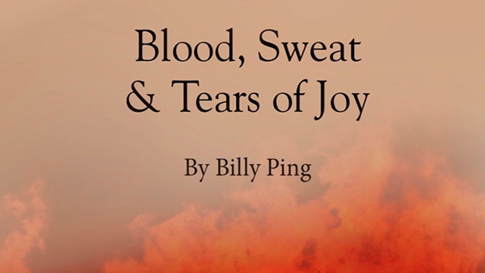 A segment of a book cover in an orange tone. Text reads: "Blood, Sweat & Tears of Joy By Billy Ping"